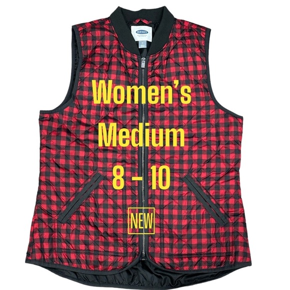 Women's Old Navy Medium 8 - 10 Vest Quilted Jacket Coat Red Black Buffalo NWOT - Picture 2 of 8